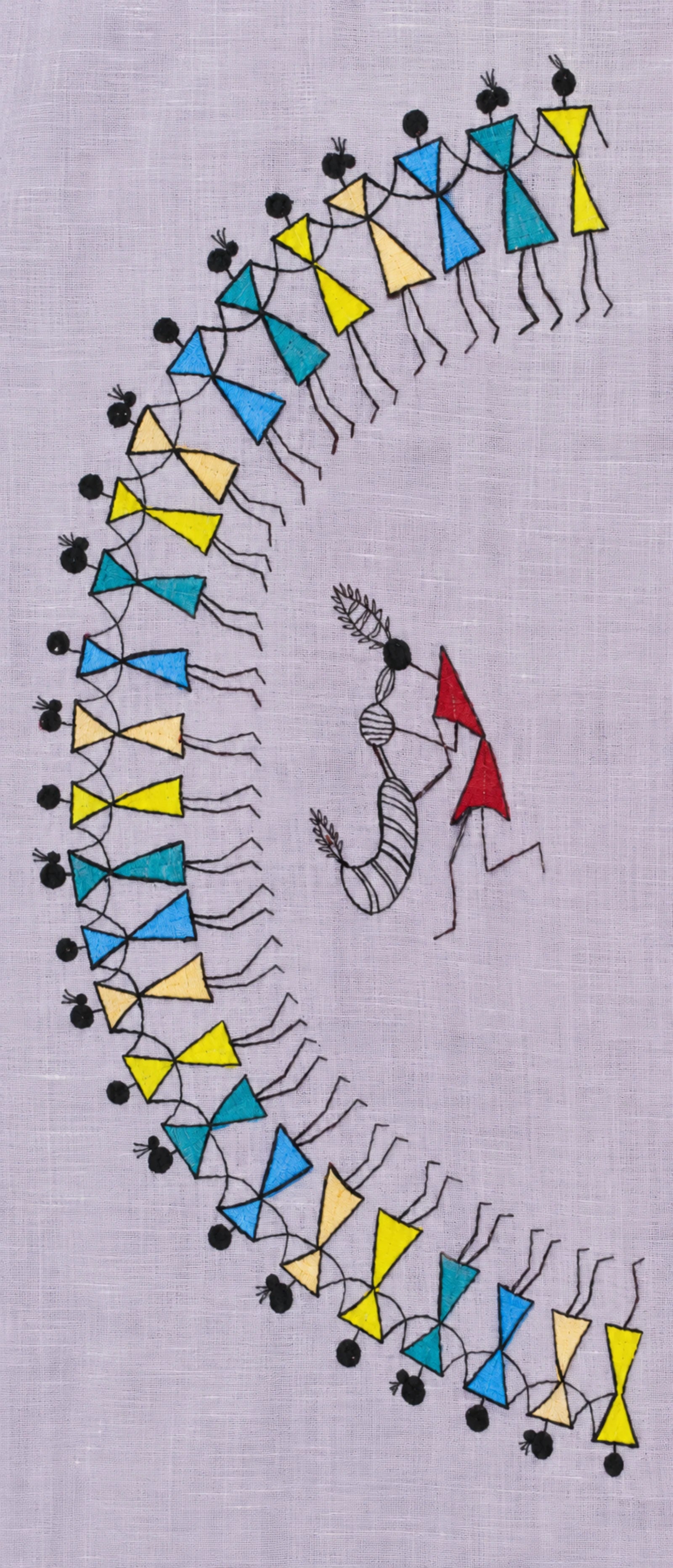 Close-up of the front artwork panel on the Warli Pravah hand-painted linen shirt, featuring a circular Tarpa dance composition with interconnected human figures gathered around a Tarpa player.
