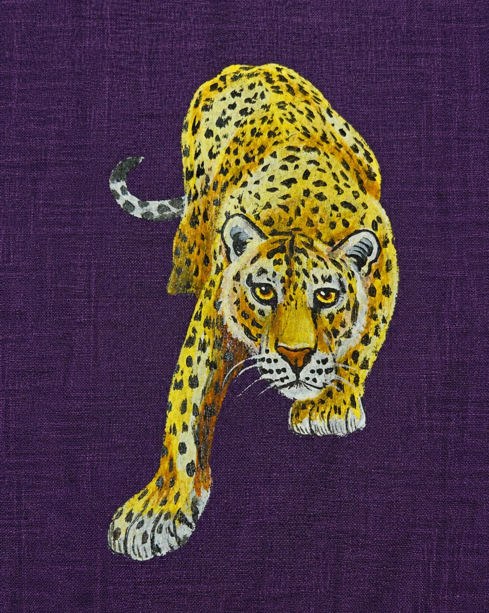 Back artwork close-up from the Aranyalok hand-painted linen shirt, featuring a solitary leopard advancing forward with one forepaw extended, showcasing the brushwork and spotted coat detailing of the original artwork.