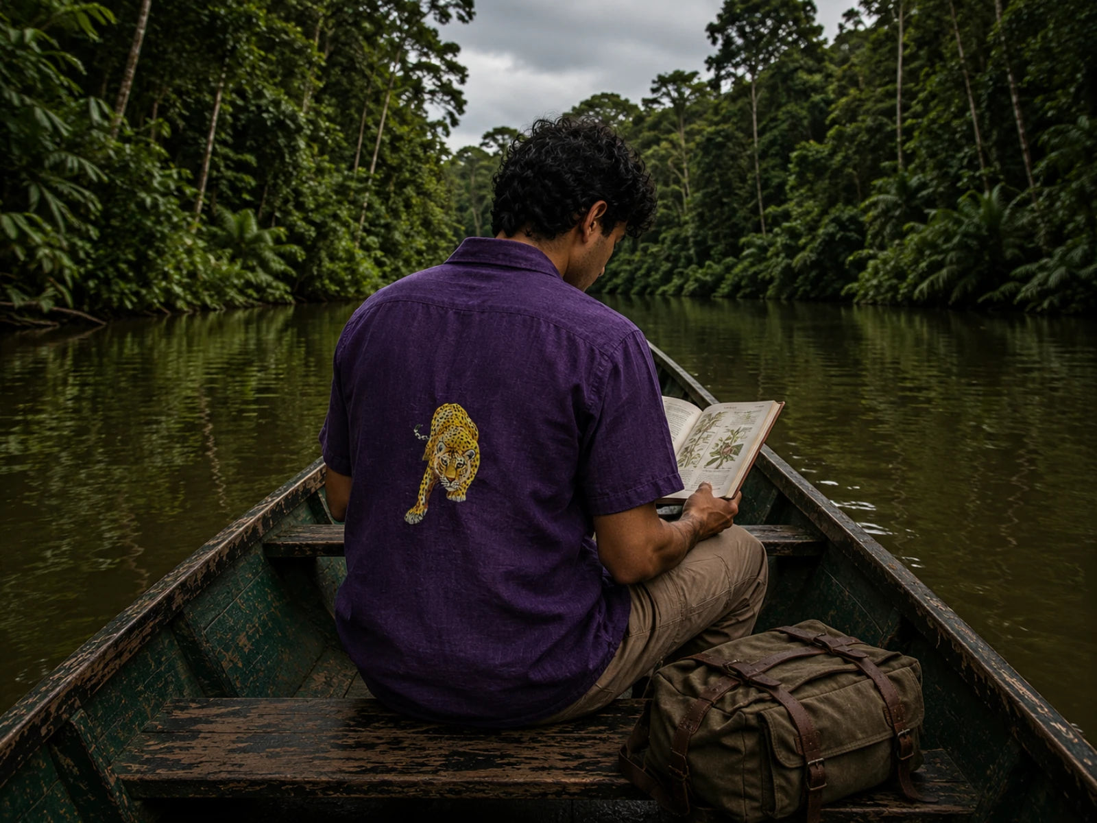 Back detail context image of the Aranyalok hand-painted linen shirt featuring a solitary leopard artwork, photographed while seated in a wooden riverboat navigating a rainforest waterway with an open field journal.