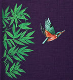 Bottom panel artwork detail from the Aranyalok hand-painted linen shirt, featuring a kingfisher in flight emerging beside branching foliage and revealing the brushwork, colour layering and fine detailing of the original artwork.