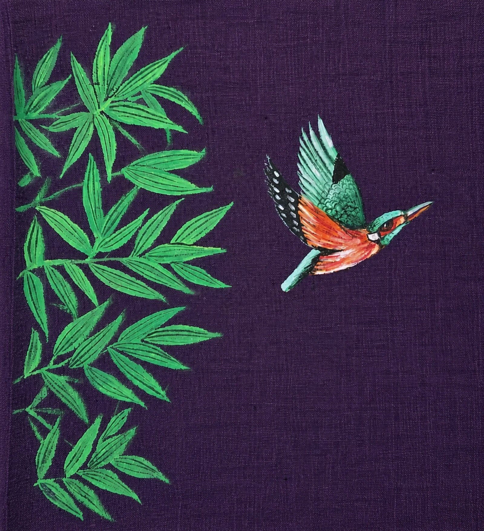 Bottom panel artwork detail from the Aranyalok hand-painted linen shirt, featuring a kingfisher in flight emerging beside branching foliage and revealing the brushwork, colour layering and fine detailing of the original artwork.