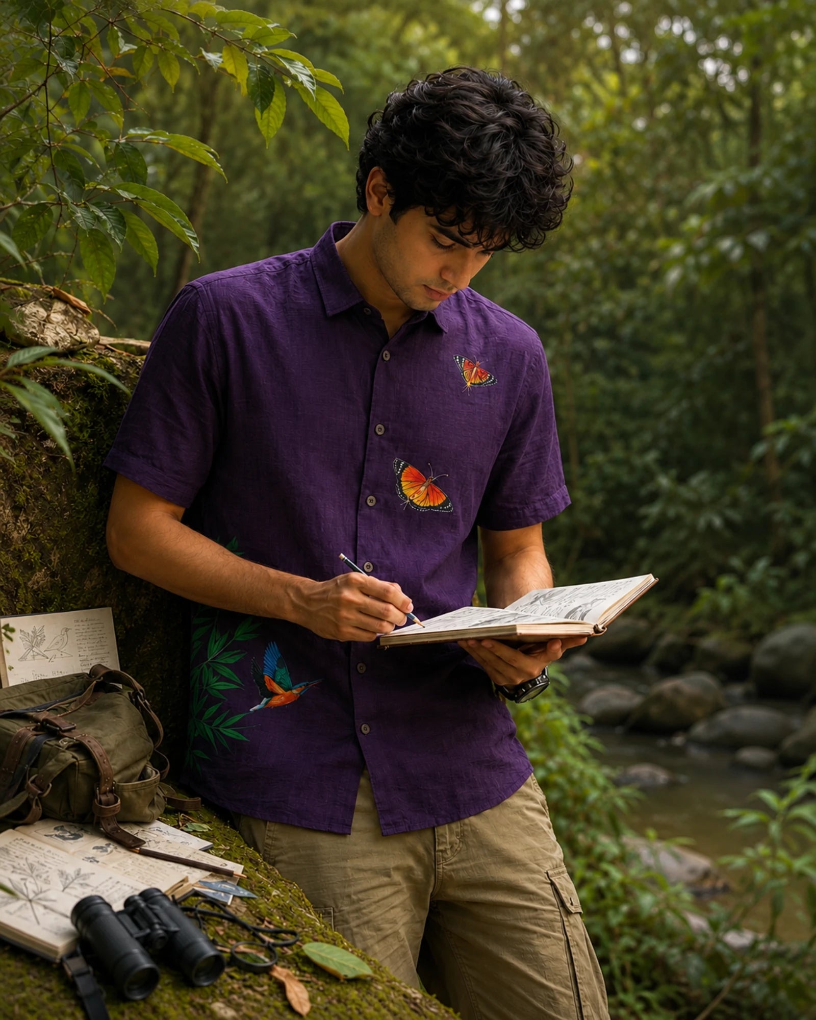 Aranyalok hand-painted linen shirt featuring two butterflies across the upper front chest and a kingfisher emerging from branching foliage on the lower front panel, photographed during field research beside a forest stream in a woodland setting.