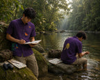 Styled context image of the Aranyalok hand-painted linen shirt featuring two hand-painted butterflies across the upper front, a kingfisher emerging from bamboo foliage along the lower front panel, and a solitary leopard artwork on the back panel. The shirt is shown in a rainforest river setting, with the front and back artworks displayed simultaneously through two natural field-study moments beside the water.