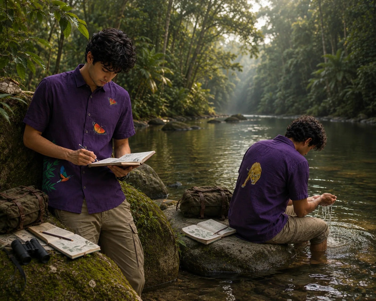 Styled context image of the Aranyalok hand-painted linen shirt featuring two hand-painted butterflies across the upper front, a kingfisher emerging from bamboo foliage along the lower front panel, and a solitary leopard artwork on the back panel. The shirt is shown in a rainforest river setting, with the front and back artworks displayed simultaneously through two natural field-study moments beside the water.