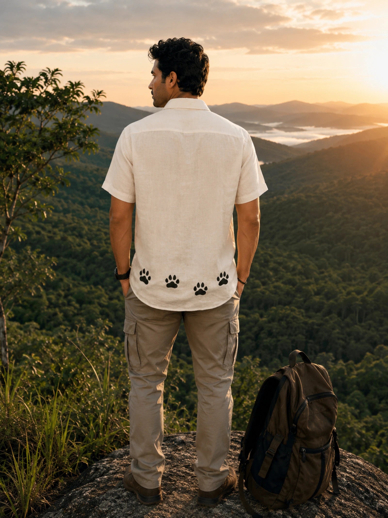 Back detail of the Padchinh hand-painted linen shirt featuring a sequence of paw print artworks positioned along the lower back hem, photographed above a forested valley during golden hour.