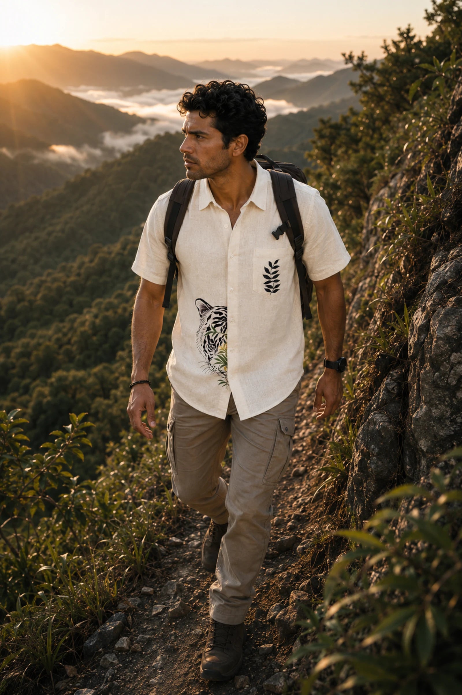 Padchinh hand-painted linen shirt featuring tiger and botanical artwork, photographed on a mountain trail above a forested valley during golden hour.