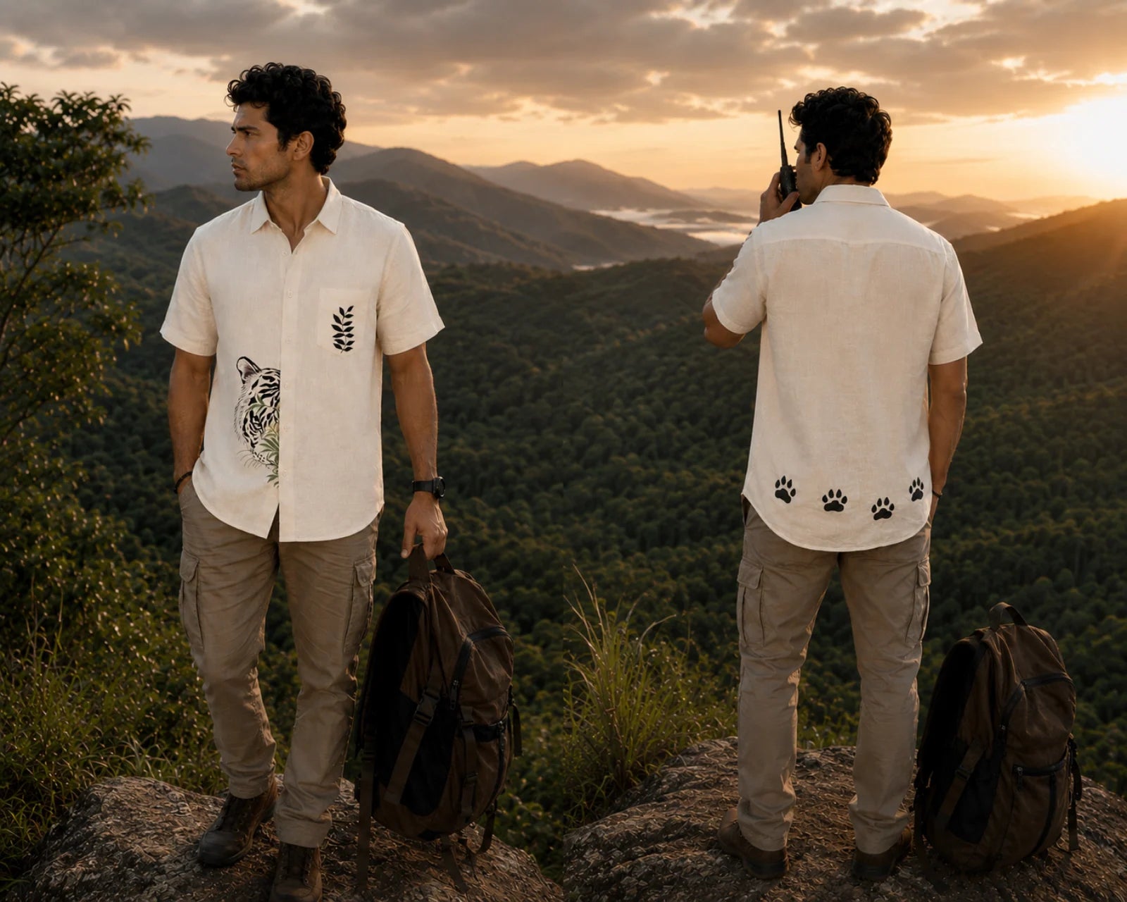 Front and back styled context view of the Padchinh hand-painted linen shirt, featuring a tiger artwork emerging from the lower front panel, botanical detailing above the pocket, and a sequence of paw print artworks along the lower back hem. Photographed on a mountain ridge overlooking a forested valley in warm evening light.