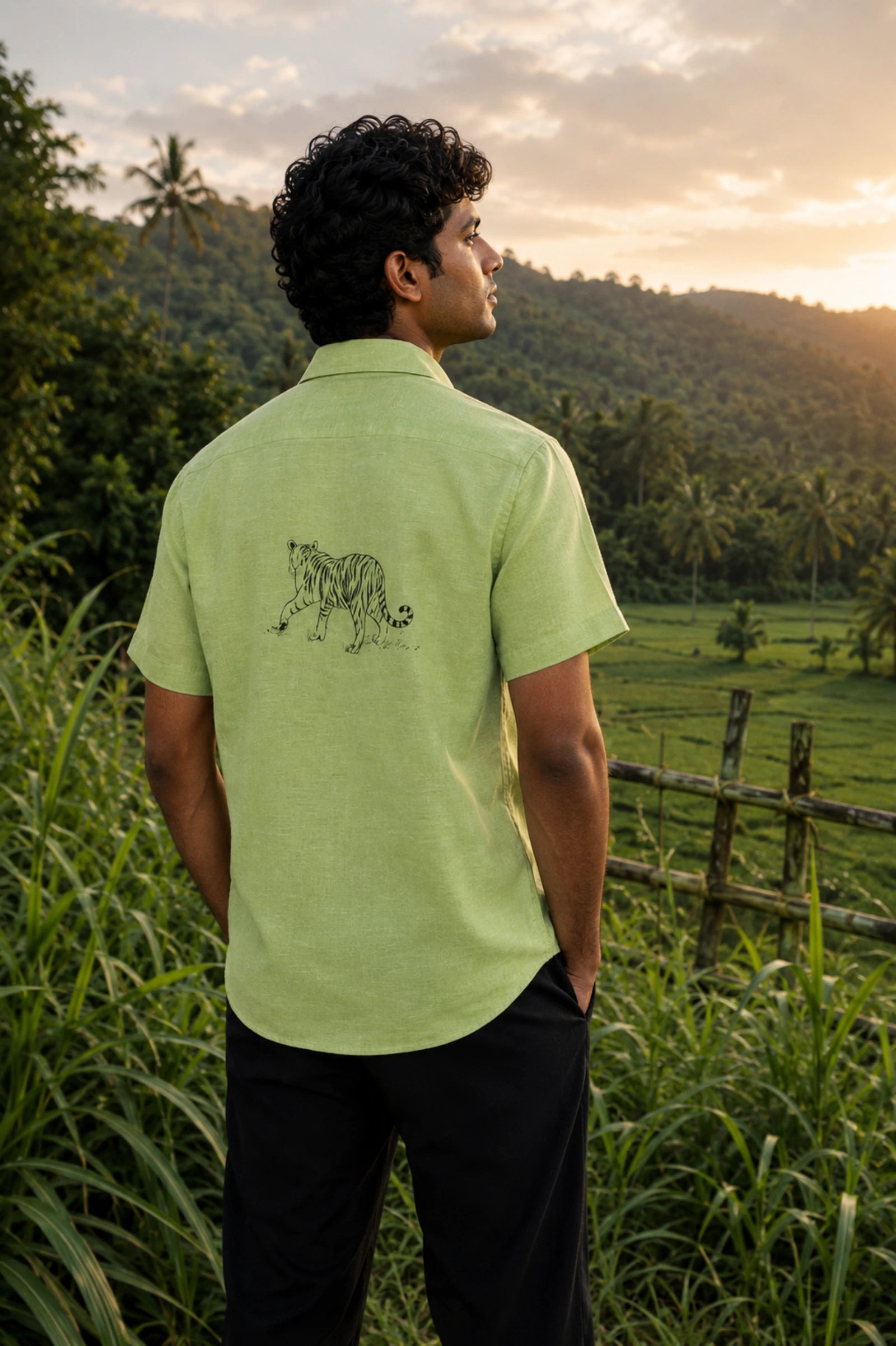 Back detail context image of the Vanchar hand-painted linen shirt featuring walking tiger artwork, photographed overlooking a forested landscape in warm evening light.