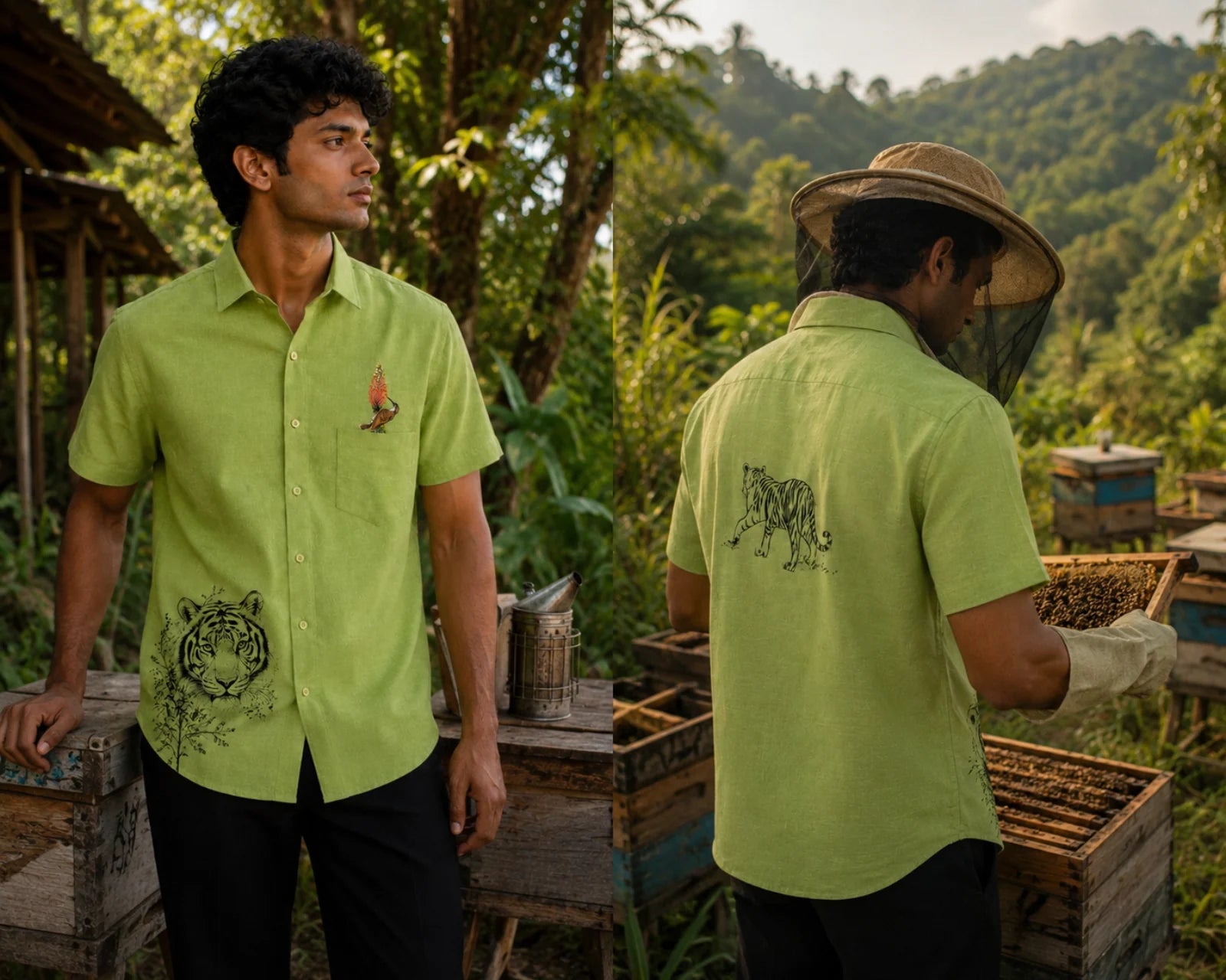 Front and back styled context view of the Vanchar hand-painted linen shirt, featuring tiger artwork on the lower front panel and a woodpecker perched on a botanical branch above the pocket, with a walking tiger artwork on the back, photographed at a beehive farm surrounded by forested hills.